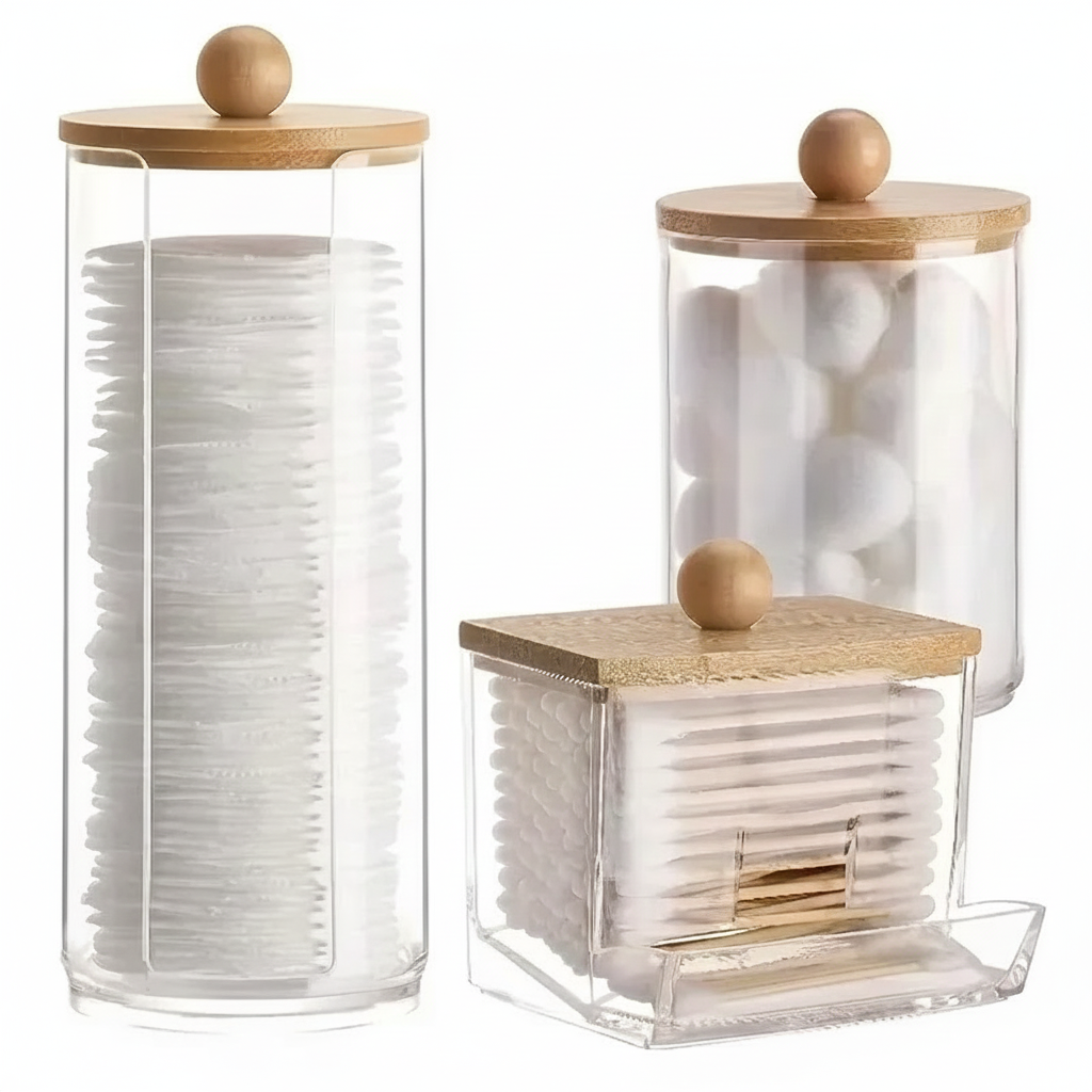 Bathroom Organizer Accessories Set Makeup Holder Storage with Clear Plastic Lids, Cotton Ball/Swabs Dispenser, Organizer Jar