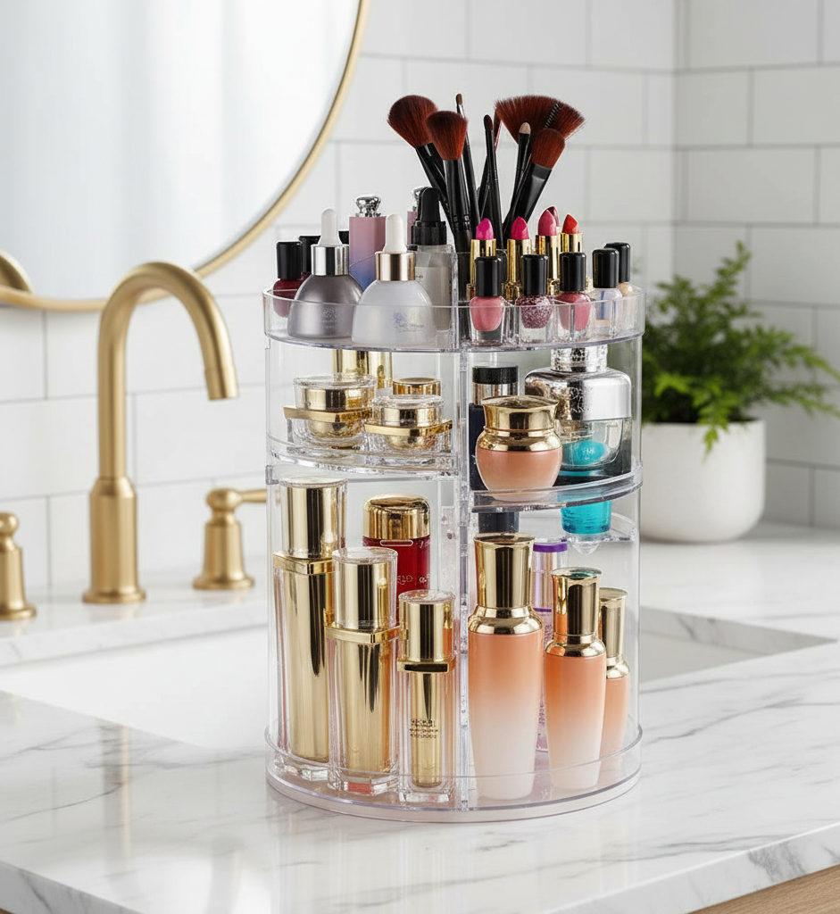 1pc Cosmetic Organiser, 360 degree rotatable adjustable cosmetic storage display case, easy assembly required