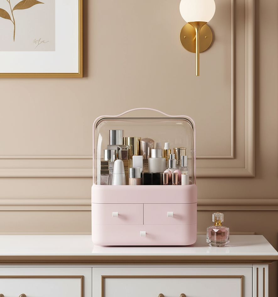 1pc Cosmetics Receiving Box Dust-Proof Desktop Makeup Organizer with Drawer for Skin Care Products Household Storage Box Shelf