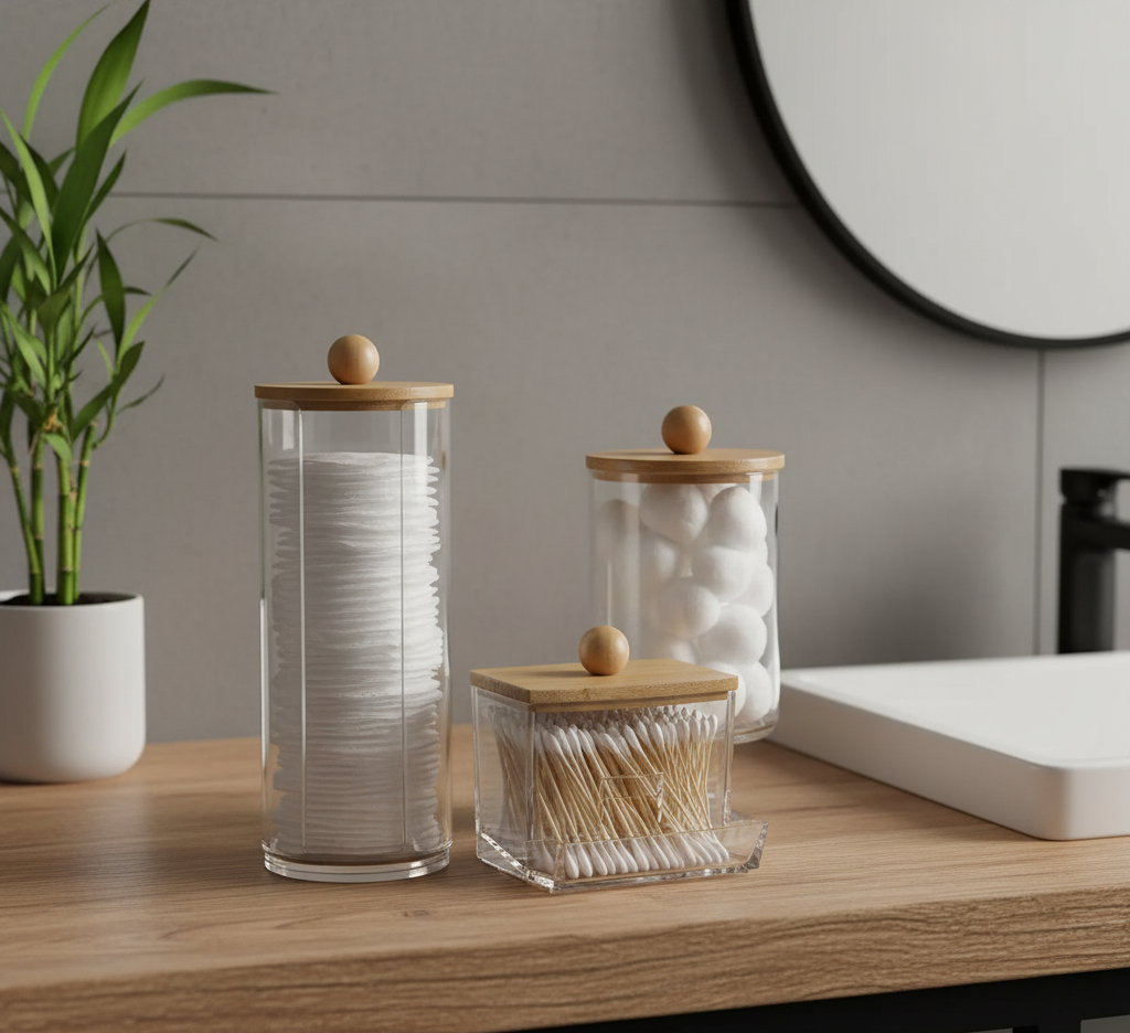 Bathroom Organizer Accessories Set Makeup Holder Storage with Clear Plastic Lids, Cotton Ball/Swabs Dispenser, Organizer Jar