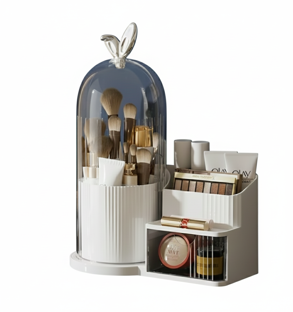 360° Rotating Cosmetic Brush Shelf Organizer Cosmetic Display Case Desktop with Drawer Storage Organizer For Living Room Bedroom