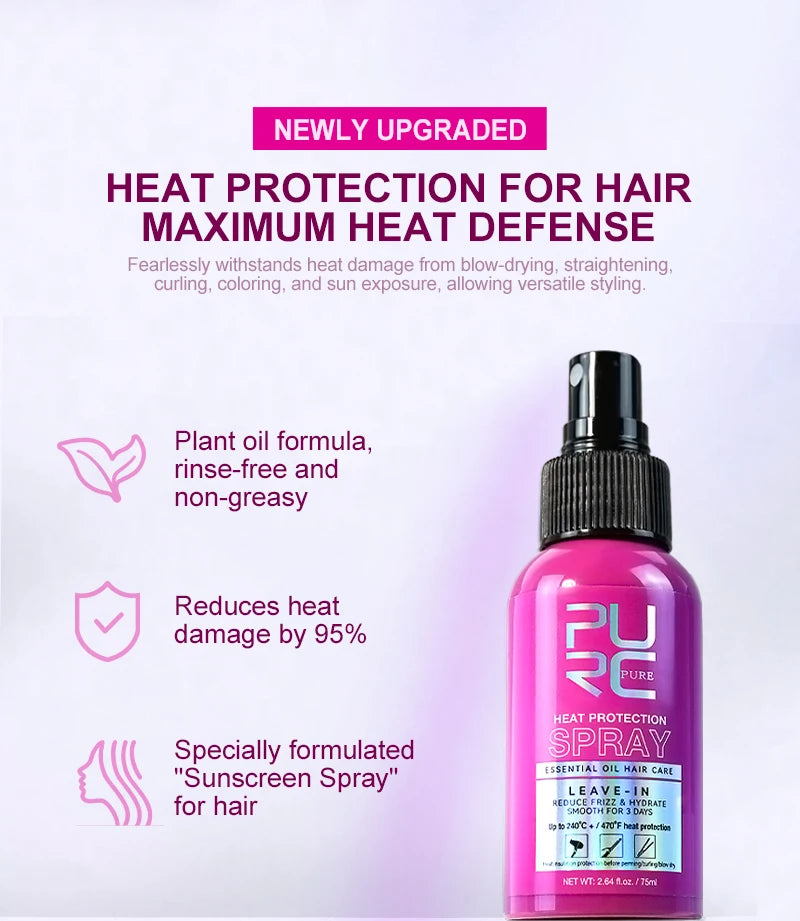 PURC Heat Protectant Spray Coconut Oil Frizz Control & Shine for All Hair Types Thermal Protection up to 470°F Hair Care
